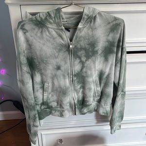 barley worn garage zip up. green/white tie die. somewhat cropped.